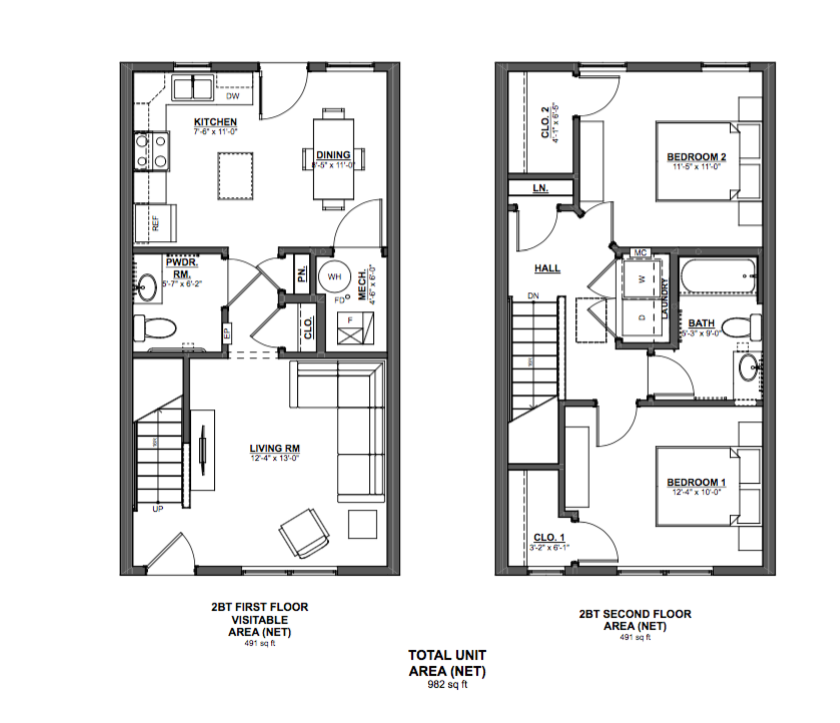 Floor plan for 2 beds, 2 baths, 963 sqft